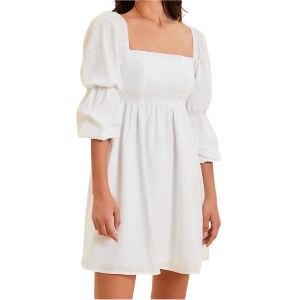 Exlura White Long Puff Sleeve Baby Doll Mini Dress Bridal Bachelorette Size XS